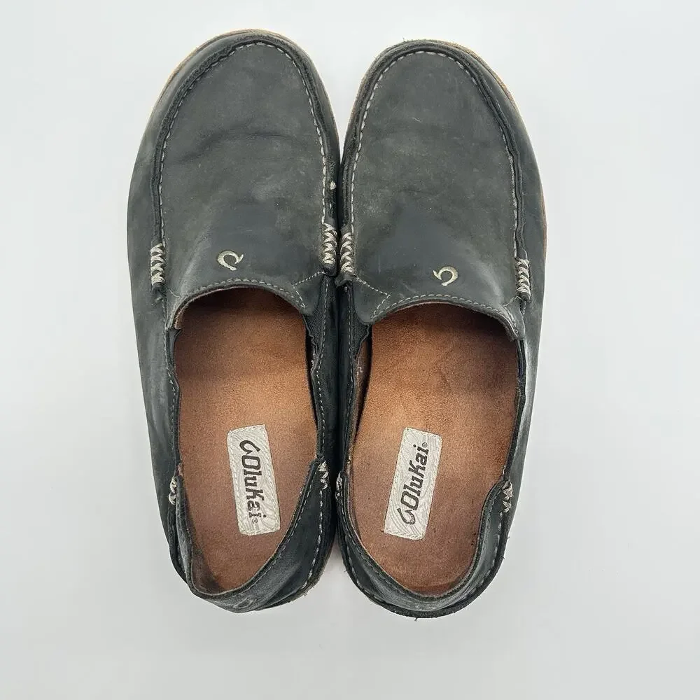 OluKai Moloa Mens 11 Black Leather Slip On Low Top Casual Comfort Loafers